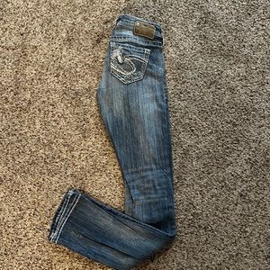 Adorable lace backed destructive Silver straight jeans